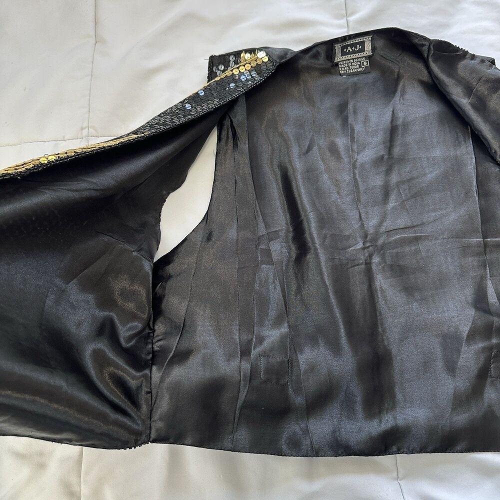 Vtg 80s AJ Silk Blend Vest Womens Small Black Gold Sequin Beads Waistcoat Party - Picture 4 of 8